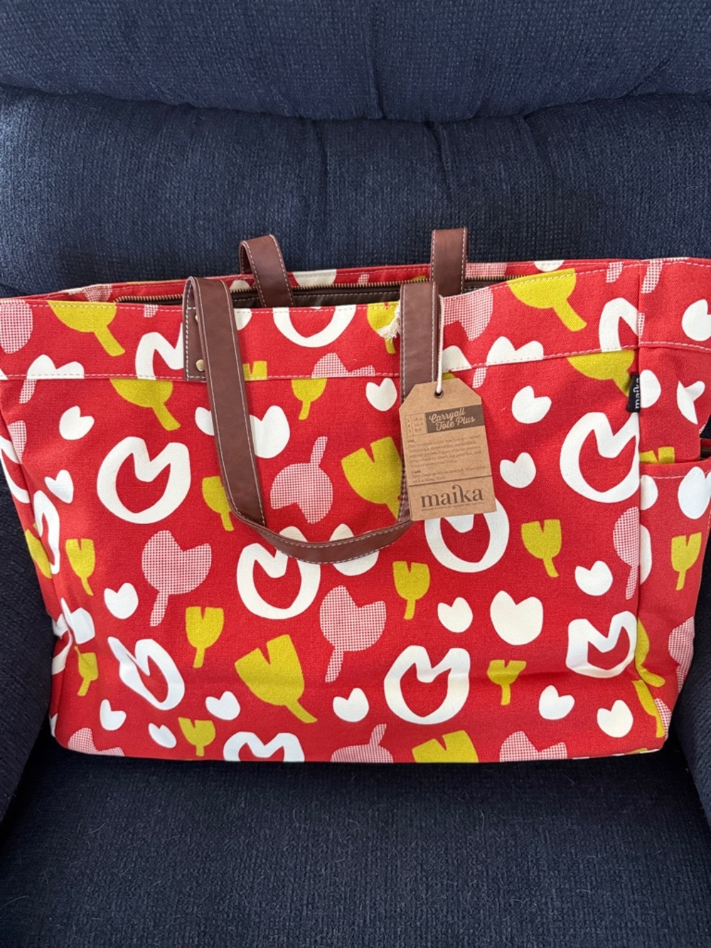 Maika Red Floral Canvas Tote with Brown Handles